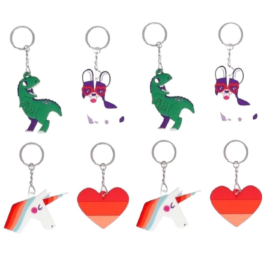NEW (8) Spritz KEYCHAIN PARTY FAVORS Rubber 2 Dinosaur 2 Unicorn 2 Dog 2 Hearts